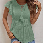 Nadorine Eyelet Tie-Neck Flutter-Sleeve Top Solid Color Casual Blouse for Women Casual Work Office Loose Fit 2026 | Under $40