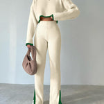 Knit Two Piece Outfit Color Block Cropped Top Long Pants Ribbed Sweater Set