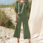 Solid Color Mid Sleeve Shirt & Cropped Pants Two Piece Set