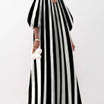 Puff Sleeves Three-Quarter Sleeves Striped V-Neck Maxi Dresses