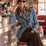 Military Denim Peplum Jacket With Faux Suede Jacket