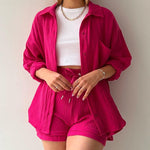 Solid Pocket Patched Drop Shoulder Blouse & Shorts Sets