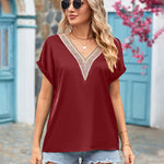 Short Sleeve V Neck Blouse Top Lace Trim Casual Summer Tee Shirt