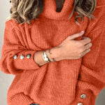 High-neck button-decorated loose knit sweater
