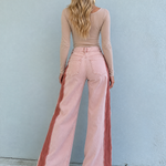 Vintage Military Pink High Waist Button Fly Fringe Hem Wide Leg Jeans
