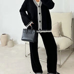 Nadorine Women's Casual Two-pieces Outfits Contrast Trim Knitted Cardigan and Trousers Pants Sets