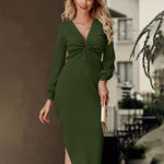 Sexy Drawstring V Neck Slit Long Sleeve Dress