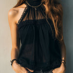 Boho High Neck Black Sheer Chiffon Lace Halter Blouse