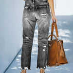 High Waisted Straight Leg Ripped Boyfriend Jeans Frayed Ankle Denim Pants
