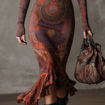 Bohemian Half-zip Ethnic Printed Knitted Fishtail Hem Midi Dress