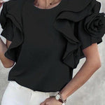 Loose Ruffle Sleeves Ruffled Solid Color Three-Dimensional Flower Round-Neck T-Shirts Tops