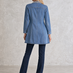 Elegant Chic Pearl Trim Open Front Longline Denim Duster Jacket
