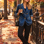 Vintage Chic Dark Wash Gold Button Tailored Denim Blazer