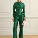 Elasticated Waist High Waisted Buttoned Contrast Color Ruffled Split-Joint Lapel Blazer Blouses&Shirts Tops