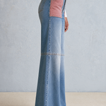 Retro Patchwork Pink Pocket High Waist Zip Fly Flare Jeans