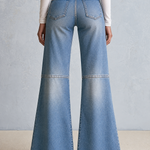 Retro Patchwork Pink Pocket High Waist Zip Fly Flare Jeans