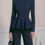 Navy Peplum Blazer & Wide-Leg Trouser Set