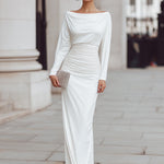 Draped Boat Neck Ruched Waist Maxi Dress
