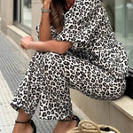 Enjoy Everyday Leopard Print Puff Sleeve Babydoll Top and Elastic Waist Pocketed Pant Set