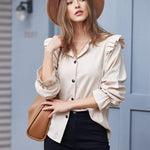 Women Corduroy Shirts Long Sleeve Button Down Shacket Jacket Ruffle Blouses Top S-XXL - Nadorine (Us Only)