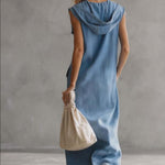Exquisite Vintage Casual Hooded V-neck Zipper Side Slits Buttons Blue Denim Midi Dress