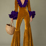 Fashion Party Purple Ruffle Long Sleeve Flared Gold Velvet Jumpsuit