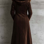 Brown Microfiber Suede Maxi Coat With Metal Buttons And Faux Fur Frim