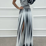 Margovil One Shoulder Waisted Slit Printed Maxi Dress