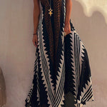 Margovil V Neck Short Sleeve Color Block Printed  Maxi Swing Dress