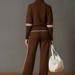 Retro Sporty Webbing Grey-white Half-zip Sweatshirt And Wide-leg Pants Set