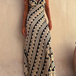 Chic V Neck Geometric Printed Irregular Maxi Cami Dress