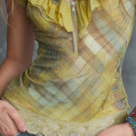 Boho Vintage Ruffled Zip-Front Sheer Top In Soft Moss Green
