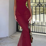 U Neckline Slim Fit See Through Hem Slip Maxi Dresses-Burgundy