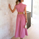 Stand Collar Solid Color Hollow Waist Long Dress