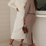 Solid Color Two Piece Set Women Sweater & Comfortable Slim Split Skirt