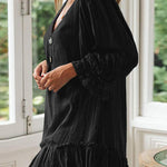 Loose Long Sleeve Ruffle Hem Cotton Linen Dress