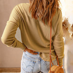 Nadorine Casual Long Sleeve T-Shirt Button Up V Neck Ribbed Knit Tunic Top