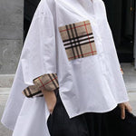 High-Low Long Sleeves Buttoned Plaid Pockets Split-Joint Split-Side Lapel Blouses&Shirts Tops