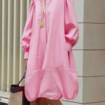 Long Sleeves Loose Buttoned Pleated Pockets Solid Color Lapel Midi Dresses