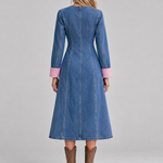 Elegant Vintage Tweed Trim Gold Button Front Denim Midi Dress