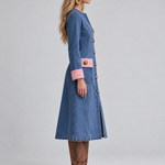 Elegant Vintage Tweed Trim Gold Button Front Denim Midi Dress