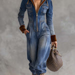 Vintage Casual Western Hooded V-neck Zipper Velvet Stitching Blue Denim Jumpsuit