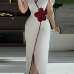 Bodycon Short Sleeves Pleated Solid Color Split-Front Three-Dimensional Flower V-Neck Maxi Dresses