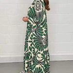 Printed Shirt Dresses V-Neck Three Quarter Sleeves Midi Dress