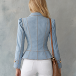 Vintage Military Light Wash Double Breasted Gold Button Peplum Denim Jacket