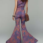 Retro-print Jumpsuit With Ruffled Neckline And Flared Legs