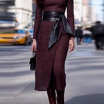 Tie-waisted elegant long woolen dress