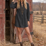 Boho Vintage Black Washed Stand Collar Ornate Button Denim Mini Dress