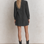 Boho Vintage Black Washed Stand Collar Ornate Button Denim Mini Dress