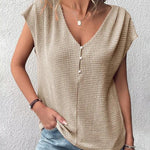 Short Sleeve V Neck Ribbed Knitwear Leisure Loose Fit Work Crochet Top with Pearls